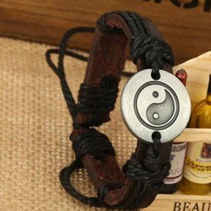 Silver Yin Yang Brown Leather Black Cord Bracelet (B11)